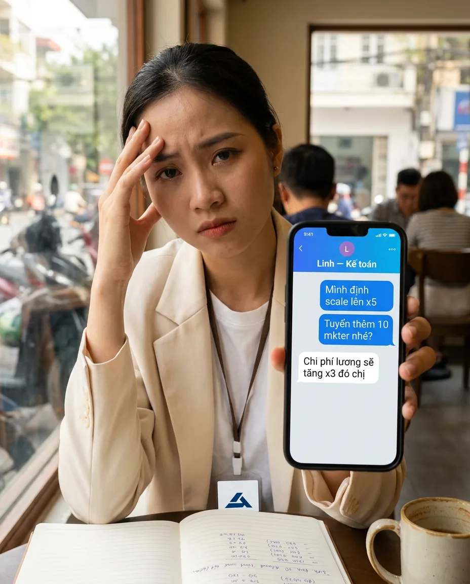 Founder shop ngồi cafe, tay vuốt trán, Zalo với kế toán Linh về kế hoạch tuyển 10 mkter và lương x3