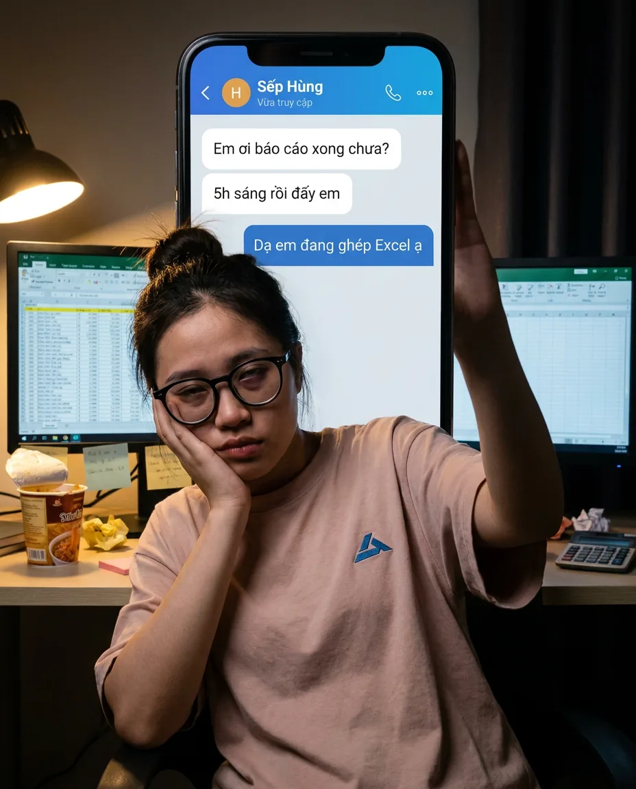 Nhân viên kế toán đeo kính, ngồi muộn trước màn hình Excel, nhận tin nhắn sếp giục báo cáo
